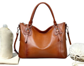 Genuine Leather Shoulder Tote Diaper Bag, Baby Changing Pad, Insulated Bottle Holder, Diaper Drawstring Sac, Pair Of Stroller Straps