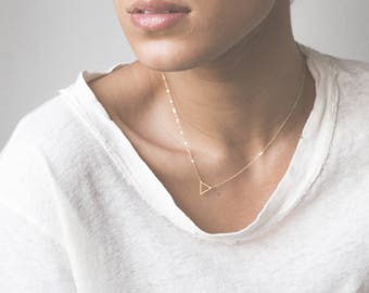 Tiny Gold Triangle Necklace / FLOATING TRIANGLe Necklace / Delicate Necklace / Little Gold Triangle 14k Gold Fill Chain Layered + Long LN301