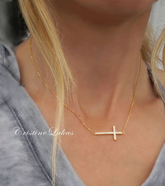 Celebrity Style Sideways Cross Necklace with Cubic Zirconia