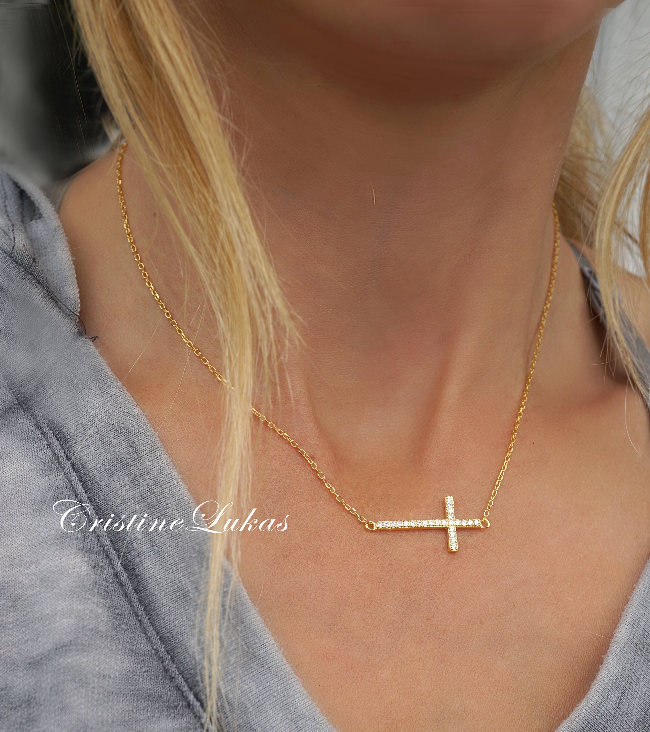 Celebrity Style Sideways Cross Necklace with Cubic Zirconia