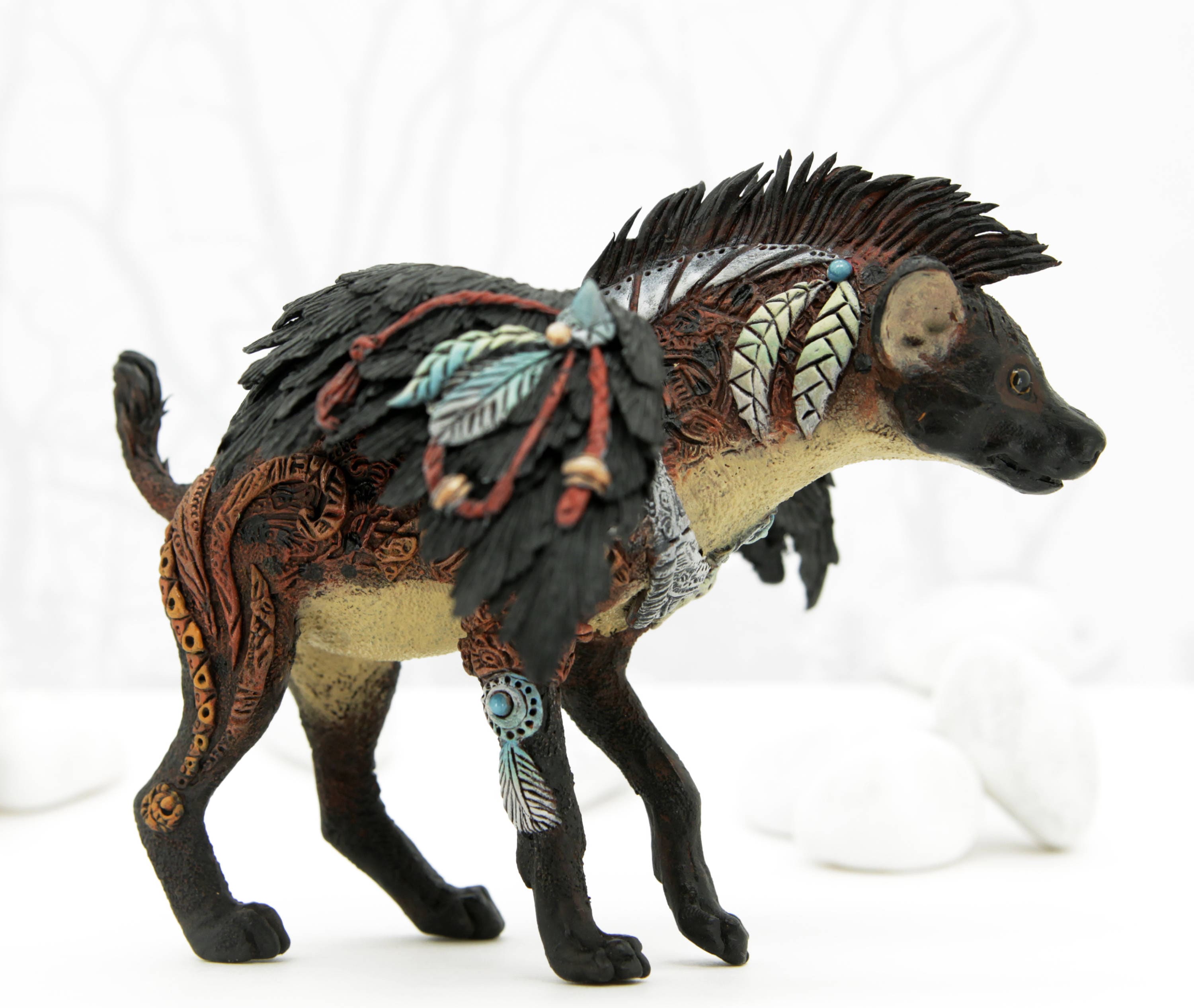 Black Winged Spotted Hyena Figurine Fantasy Sculpture Guardian