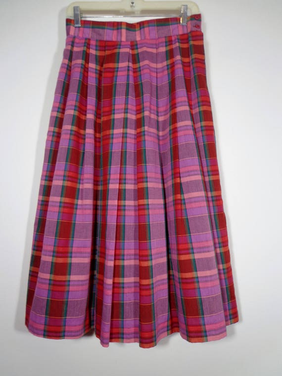 True Vintage 80s Pink Madras Plaid Pleated Lined Maxi Skirt