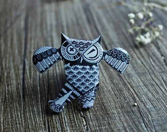 Black|and|white jewelry Owl brooch Owl pin Owl lover gift Owl gifts owl jewelry best friend gift idea eco friendly gifts unique gift|for|her