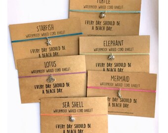 WATERPROOF ANKLET ~ Polyester Waxed Cord - Turtle Starfish Mermaid Shell Elephant Lotus Silver Charms ~Adjustable Macrame Knot ~ 14 COLORS
