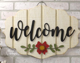 Summer Door Sign Welcome sign Flower Door Hanger Cream White Red painted wood shiplap sign Rustic Fixer upper Farmhouse Decor Door Hanging