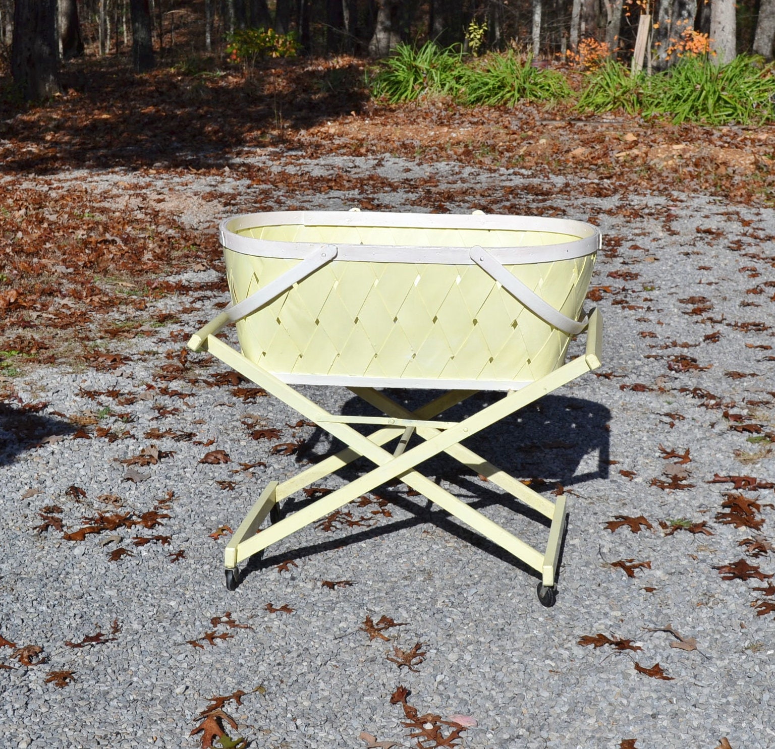 Vintage Baby Basket Weave on Wheels Folding Wooden