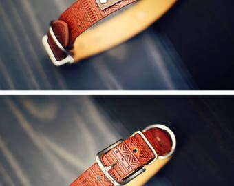 Leather Dog Collar, Custom Dog Collar, Personalized Leather dog collar, number, Tan Stain, Aztec tribal pattern, dog collar, FREE Name