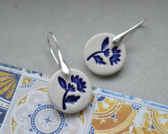 Delft blue ceramic earring, folk art inspired everyday jewellery, gift for daughter, something blue, wedding jewellery
