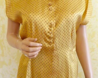 SALE 20% Off - 40's Mustard Polka Dot Rayon Blouse w/ Tie Neckline- Large Size