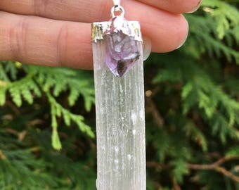 Silver, Selenite ,Amethyst Necklace, Selenite Necklace, Amethyst Point ,Stone Pendant Necklace, clear Selenite, Silver Chain, .4 oz Weight