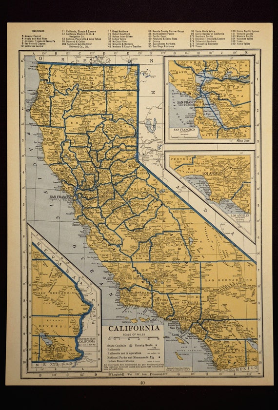 California Map of California Original Railroad Map 1930s 1936