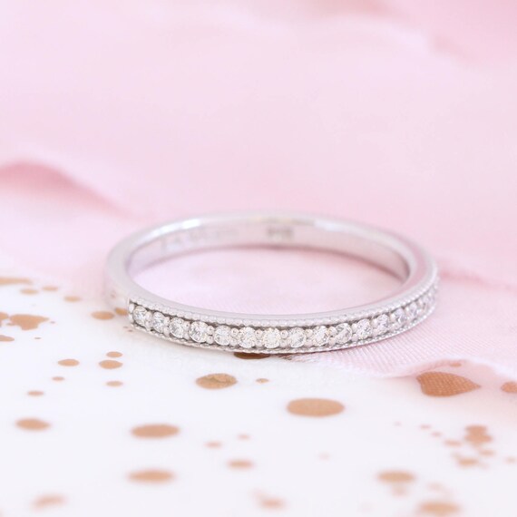 14k White Gold Half Eternity Diamond Wedding Ring Milgrain