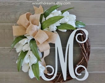 BEST SELLER! White Tulip Wreath. Grapevine Wreath. Year Round Wreath. Spring Wreath. Summer Wreath. Monogram Wreath. Door Wreath.
