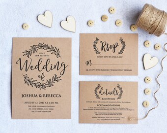 Kraft Wedding Invitation Printable, Rustic Wedding Invitation Set, Printable Wedding Invitation Set, Rustic wedding invite set