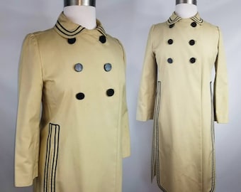Mid-century Classic Khaki Double Breasted Trench Coat with Black Trim Detail Jackie O Style Size L