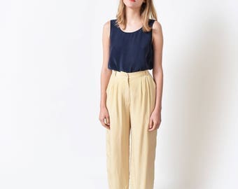 Cream Silk Trousers Vintage High Waist Wide Leg Pants 27 S
