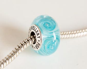 Blue european charms. Lampwork beads. Silver cored bead. Large hole bead. Lampwork glass handmade, Fits Pandora. European bracelet beads.
