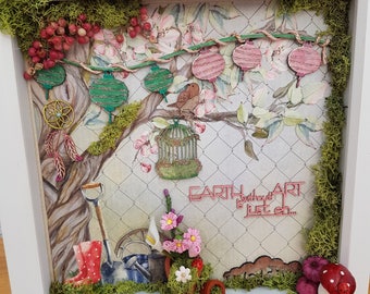 Earth without art deep shadow box diorama of a Country Garden, Garden lovers 3D unique flowers moss and ladybirds touchable art