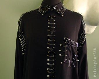 Black SAFETY PIN SHIRT Tallia Uomo Punk Goth Rock-a-billy Sz M
