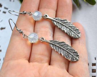feather jewelry long earrings silver feather gemstone jewelry feather earrings moonstone dangle earrings woodland jewelry earrings gemstone