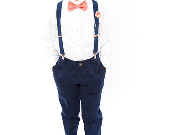 Coral Bow Tie, Navy Suspenders, Coral Pocket Square -- Ring Bearer Outfit -- Groomsmen Bow Tie Suspenders Pocket Square