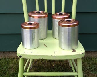 Canisters Copper Tops Canister Set Vintage Canisters French Kitchen Canisters 1950's Canisters Aluminum Canisters Silver Canisters