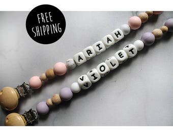 Personalised Dummy Clip / Dummy Chain / Baby Name / Pacifier / Wooden Beads / Soother Chain / Baby Shower / Gift / New Mum Present