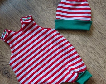elf romper, harem romper, red and white stripe, christmas outfit, chrismas baby, christmas eve box, reversible outfit