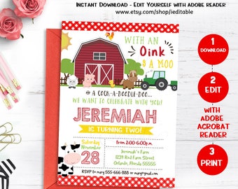 Farm Birthday Invitation, Farm Animals Chalkboard, Old McDonald invite, Barnyard, Editable invitation, template, Instand download