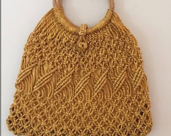 1970s Vintage Macrame Handbag/Mustard Jute/BambooHandles/Lined