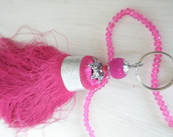 Oriental Keychain with Pearl encrusted with micro beads and fushia pink tassel Marrakech