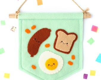 Breakfast Food Banner, Sausage Toast Egg Beans, Felt Flag, Foodie Gift