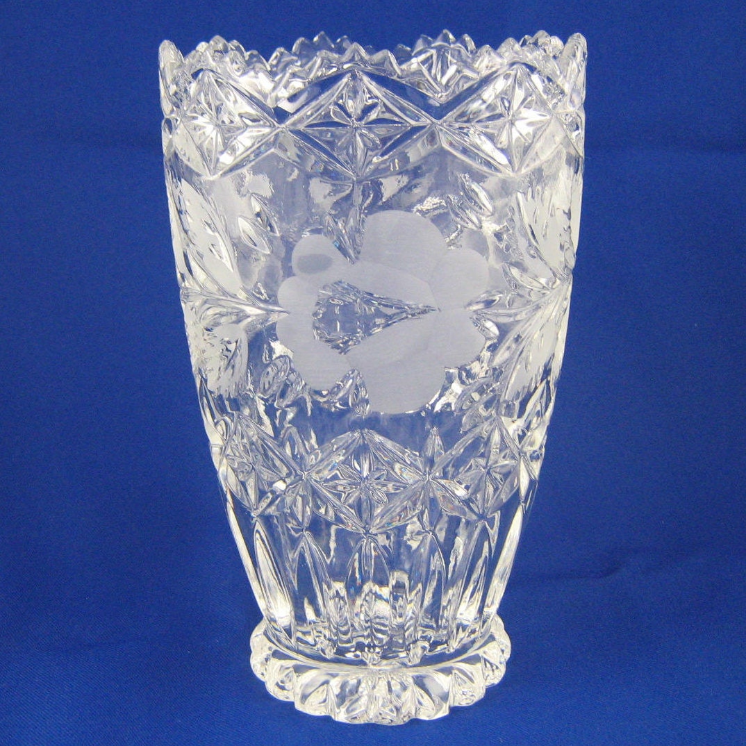 Vintage Large Crystal Vase Clear Cut Crystal with Frosted