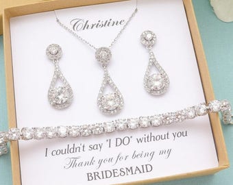 SALE Personalized Bridesmaid Gift, Bridesmaid Jewelry Set, Bridesmaid Earrings and Necklace Bracelet Set, Solitaire Round Teardrop Earrings
