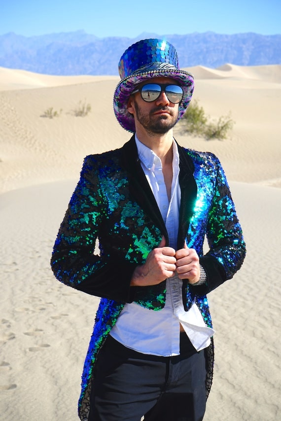 Love Khaos Mens Reversible Sequin Tail Coat Burning Man Jacket Festival Steampunk rave blazer military marching band tux fancy dress costume by LoveKhaos steampunk buy now online