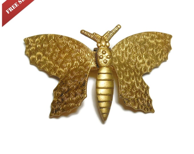 Gold butterfly pin brooch, small brooch with unique pin closure, hat sash pin, embossed swirls, scarf sweater clip, multi purpose pin