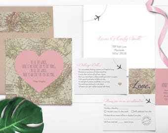 Map Wedding Invitation - Destination Wedding Invitation - Destination Wedding - Invitation Suite - Vintage Map - World Map - RSVP Cards
