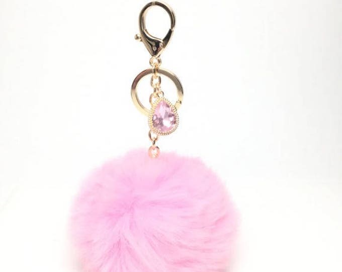 NEW! Faux Rabbit Fur Pom Pom bag Keyring keychain artificial fur puff ball in True Pink Crystals Collection
