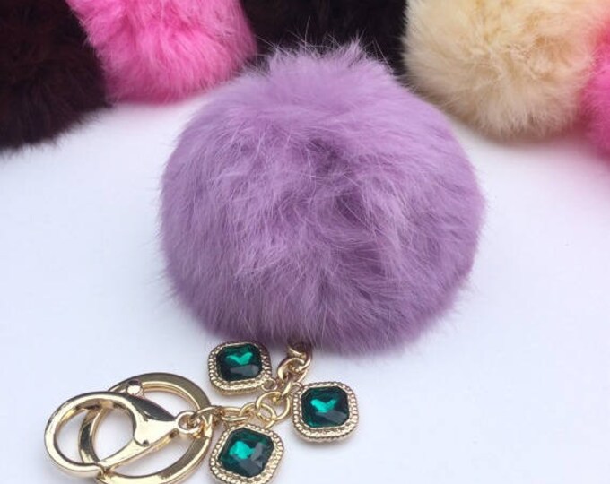 Customer request inspired LAVENDER fur pom pom keychain Rabbit real fur puff ball