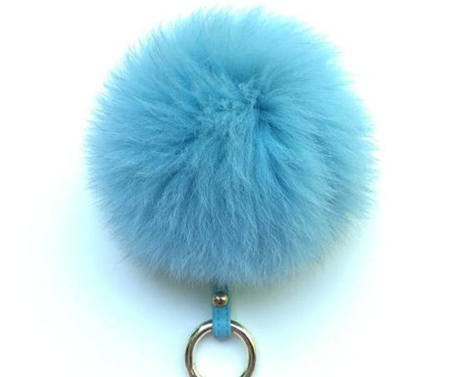 Fox Fur bag charm, fur pom pom keychain, fur ball keyring purse pendant baby blue