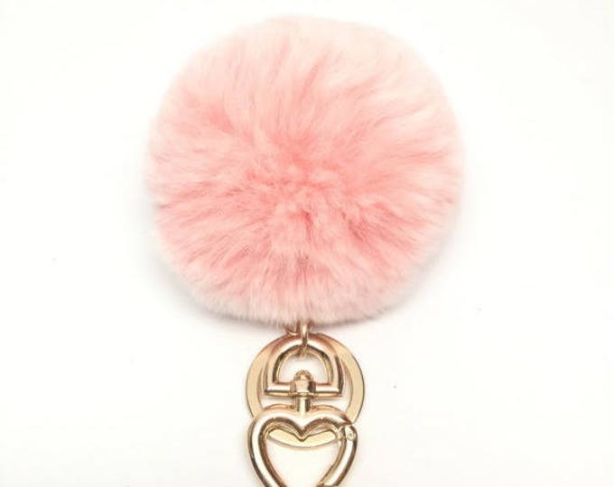 Heart Fur Pompom Keychain Rabbit Fur Ball Bag Charm light pink frost
