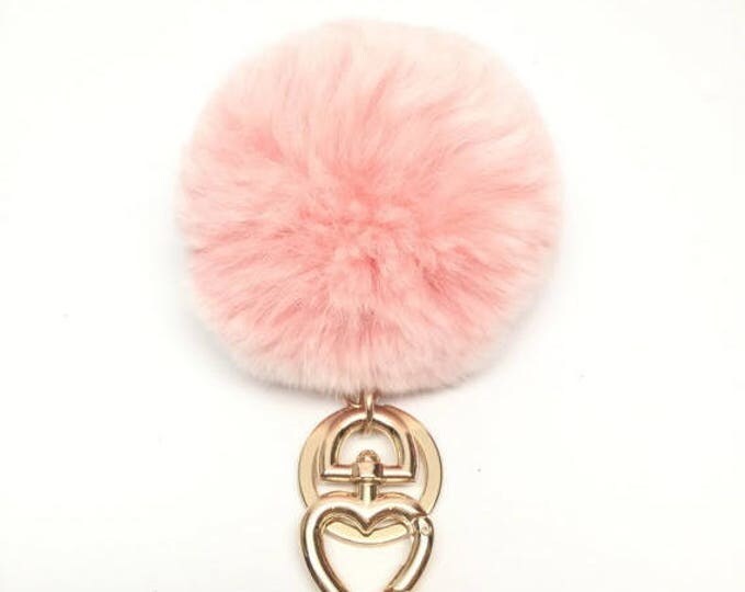 Heart Fur Pompom Keychain Rabbit Fur Ball Bag Charm light pink frost