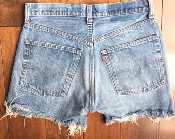Vtg Levis 505 0217 jean shorts womens vintage denim levi's red tab cutoffs trayed size 30 festival sale high waisted classic blue wash 80s