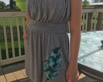 Upcycled dress with Grateful Dead inspired lighting bolt appliqué