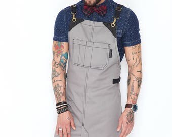 Cross-Back Barber Apron - Moonstone Gray Waterproof / Oilproof fabric - Black Leather