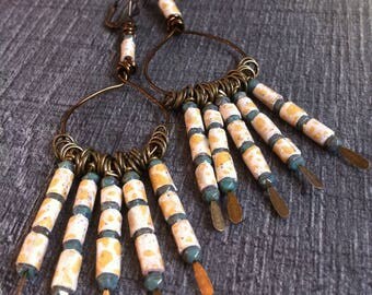 Earrings Creole, paper beads, glass - Indian style