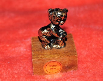 Miniature Metal Bear Mounted on a Wooden Platform "Buffy Bear"