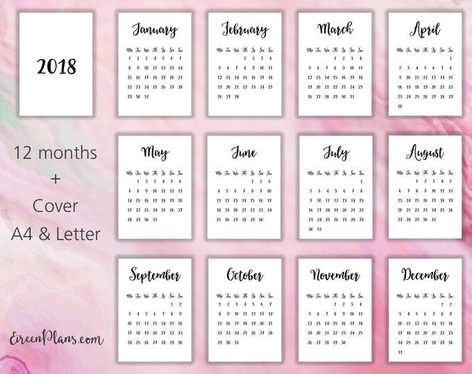 A4 & 8.5x11 Printable 2018 Calendar, Wall Calendar, Modern Calendar, Minimalist Calendar, Monthly Pages, DIY Calendar, PDF Instant Download