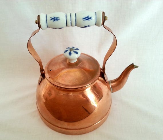 Vintage Copper Plated Metal Teapot Gooseneck Tea Kettle White