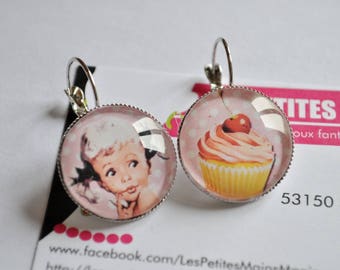 earring retro chic cabochon 2cm girl